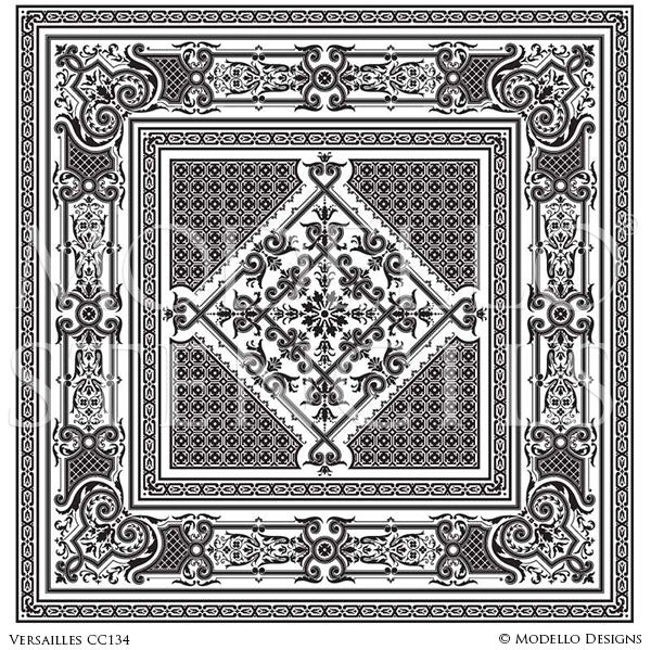 Ornate Carpet Designs Painted on Tile Walls and Tile Floors - Carpet Panel Stencils - Modello Custom Stencils