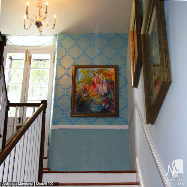 Blue Painted Walls with Custom Designed Wall Stencils - Modello Designs