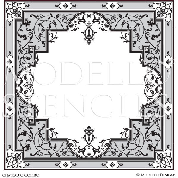 Large Square Carpet Panel or Wall Art with Painted Designs - Modello Custom Stencils