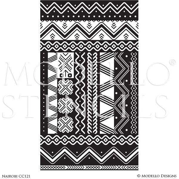 Geometric Tribal Patterns Painted on Concrete Floors and Faux Carpet Panels - Modello Custom Stencils