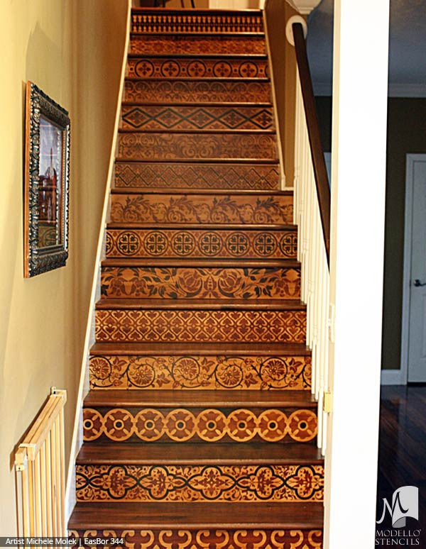 Painted Stairs Stencils with Boho Asian Border Designs - Modello Custom Stenciling