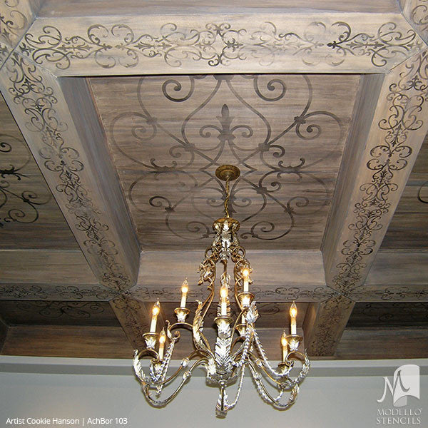 Grand Ceiling Panel Stencils with Ornate Designs and European Style Interior Decor - Modello Custom Stencils