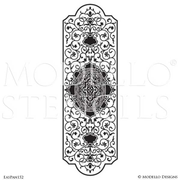Asian Indian Moroccan Vines Designs Painted on Stenciled Walls, Stained Glass Doors and Windows - Modello Custom Cut Adhesive Panel Stencils