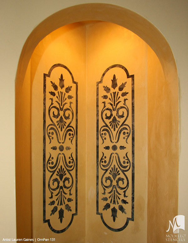 Long Panel Shape Painted on Furniture, Archways, Glass Windows - Moroccan Asian Indian Designs - Modello Custom Furniture Panel Stencils