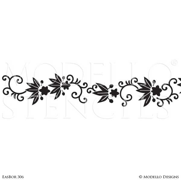 Asian Flower Vines Leaves Border Stencils for Painting Decorative Wall Finish - Modello Designs