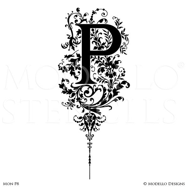 Letter P Decorating Family Name and Initials on Wall with Modello Custom Stencils