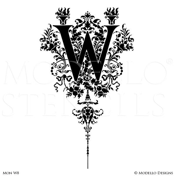 Letter W Decorative Script Design Painted on Wall Quotes and Lettering - Modello Custom Stencils