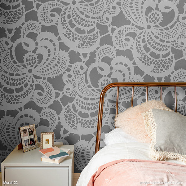 Shabby Chic Lace Damask Wall Mural Stencils for Painting DIY Wall Art ...
