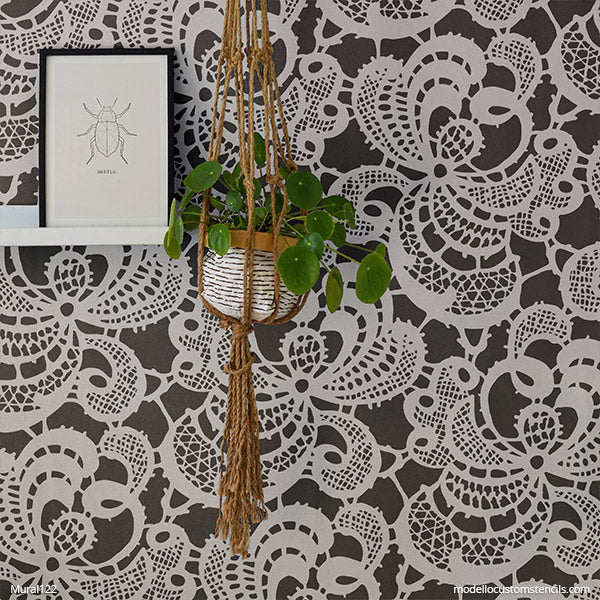 Shabby Chic Lace Damask Wall Mural Stencils for Painting DIY Wall Art ...