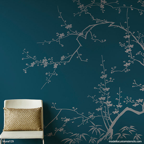 Chinoiserie Stencils for Painting DIY Wall Painting Cherry Blossom Mural - Modello Designs Custom Stencils modellocustomstencils.com
