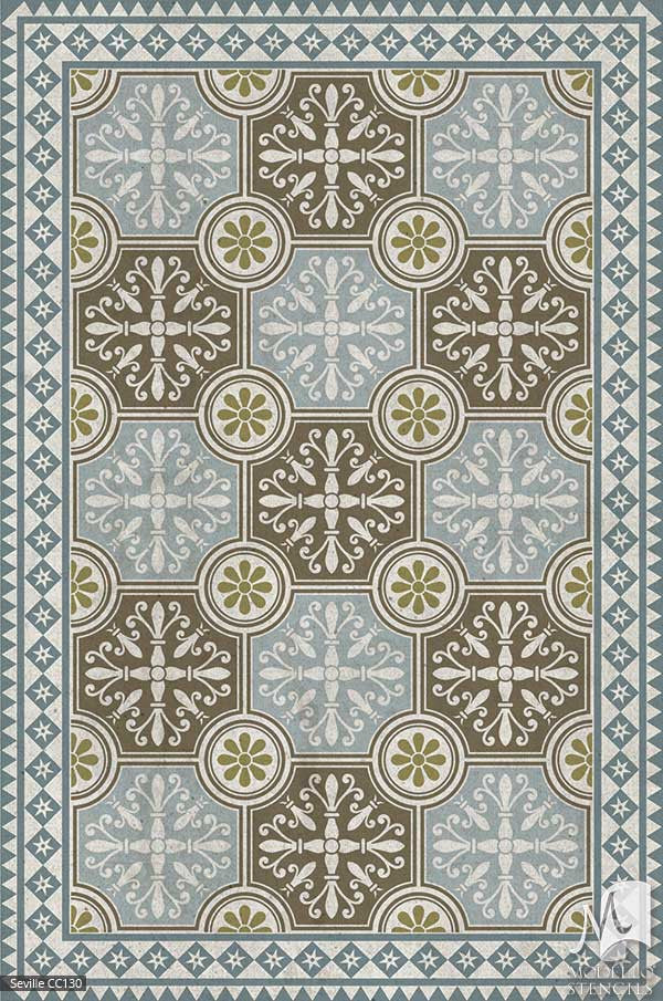 European Spanish Geometric Tile Patterns Painted on Floors and Ceilings - Modello Custom Carpet Panel Stencils