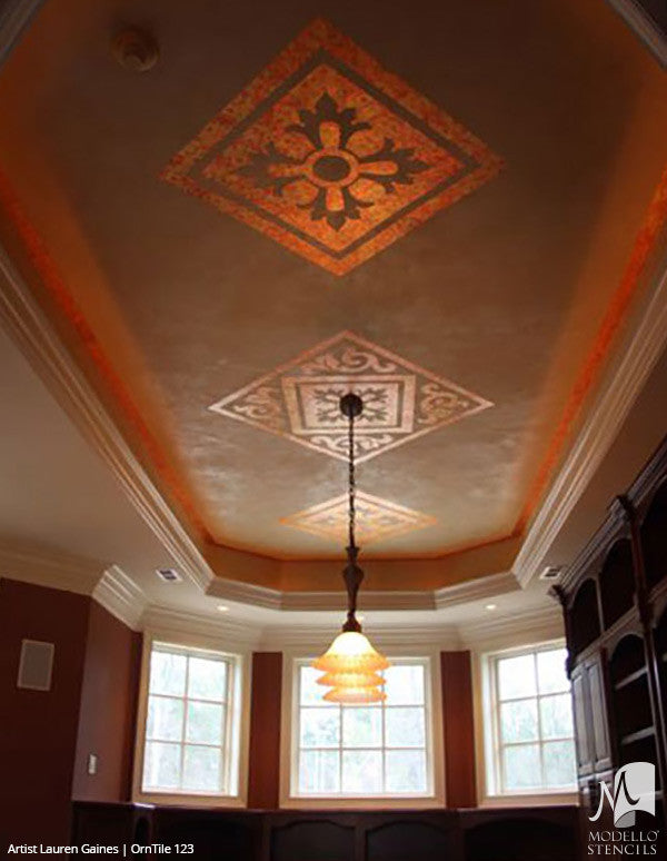 Custom Ceiling and Floor Makeover with Tile Stencils for Decorative Painting