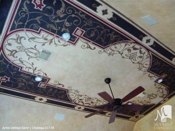 Decorative Stencils Painted on Grand Ceiling Panels - Modello Custom Stencils