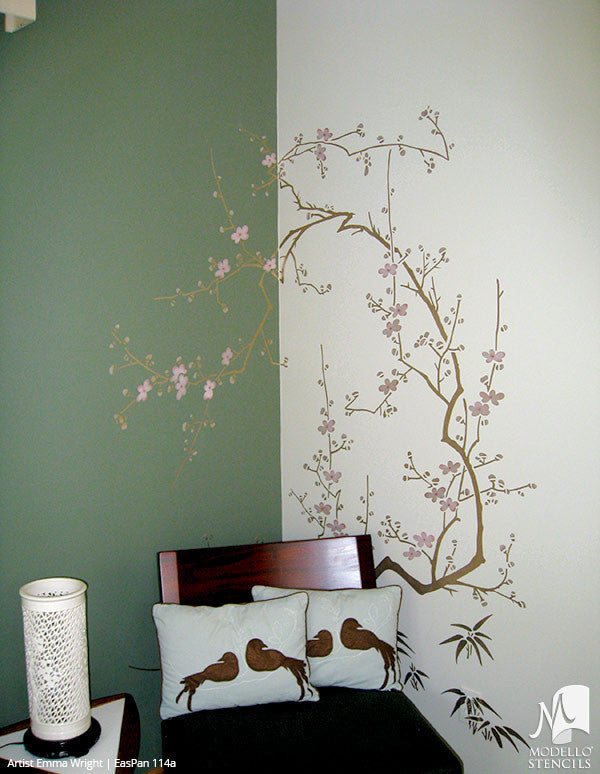 Large Cherry Blossom Tree Branch Wall Mural Stencils - Asian Oriental Decor Painted with Modello Custom Stencils