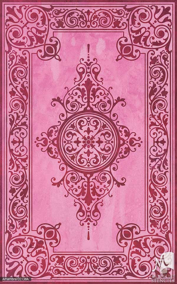 Pink Colorful Custom Painted Faux Rug Carpet Floor Stencils - Modello Custom Stencils