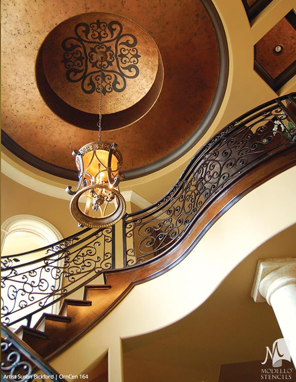 Elegant Grand Ceiling Design Painted with Large Designer Medallions Stencils - Modello Custom Stencils
