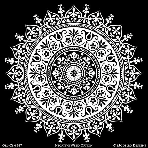 Ornamental Ceiling Decor or Concrete Floor Makeover - Modello Adhesvie Custom Medallion Stencils for Exotic and High End Decorative Painting
