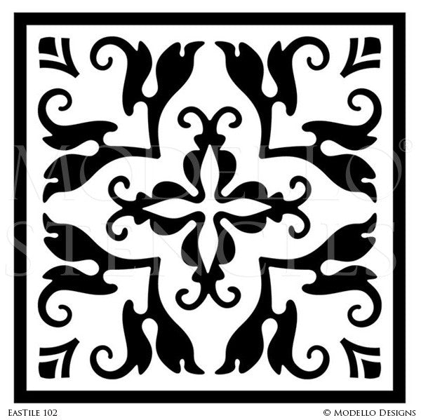 Exotic Asian Decor and Vine Pattern on Painted Tile Stencils - Modello Custom Stencils
