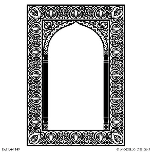 Moroccan Moorish Archway Doorway Design - Custom Painted Bohemian Wall Panel Patterns and Antique Mirror Glass - Modello Custom Stencils
