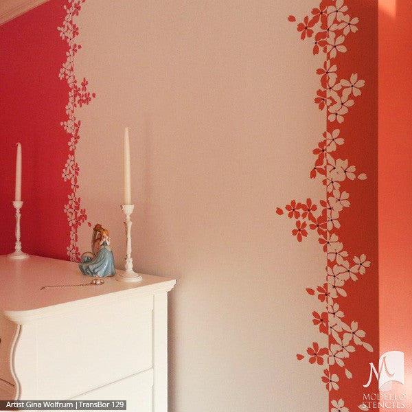 Flowers and Vines Painted on Accent Wall Mural  - Modello Custom Border Stencils