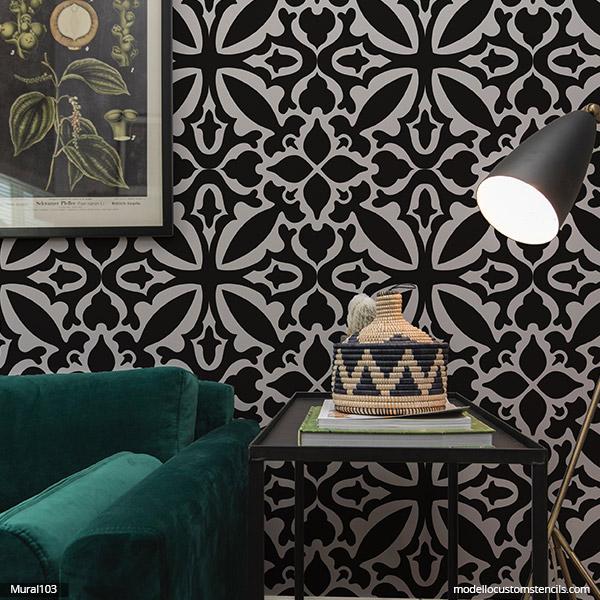 How to Apply Stencil Design, Stencil wall Painting, Wall stencil design  for living room