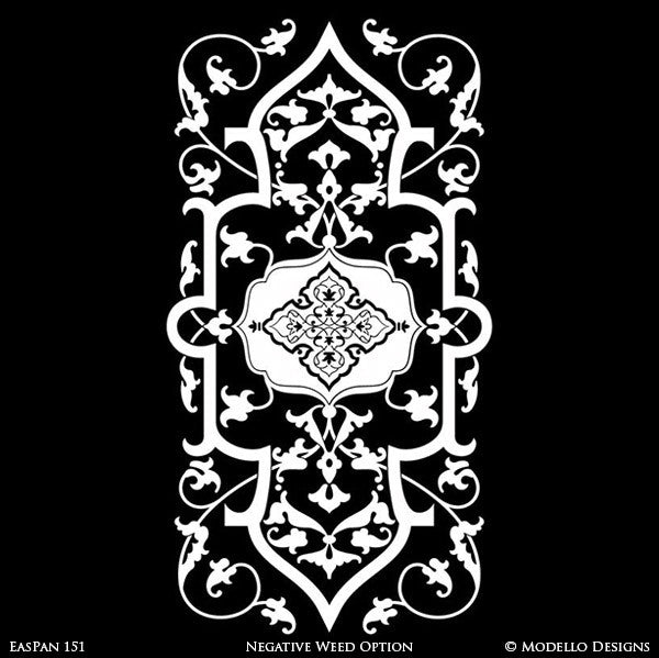 Asian Indian Moroccan Vines Designs Painted on Stenciled Walls, Stained Glass Doors and Windows - Modello Custom Cut Adhesive Panel Stencils