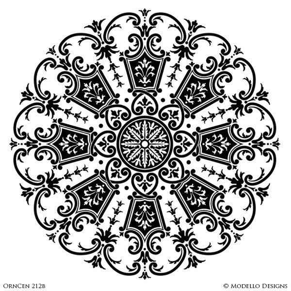Designer Stencils with Painted Ceiling Decor - Custom Stencils with Mandala Medallion Shapes