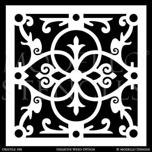 Ornate Designs Painted on Tile Walls and Tile Floors - Modello Custom Stencils