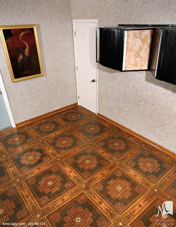 Modern Tile Patterns Painted and Stained on Wood Floors - Modello Custom Stencils