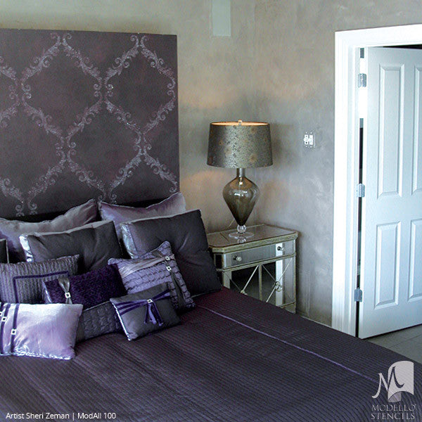 Purple Painted Bedroom Makeover with Large Wall Stencils - Modello Designs