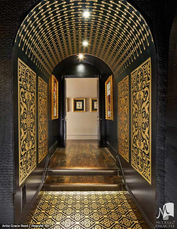 Black and Gold Interior with Large Wall and Ceiling Stencils - Modello Designs