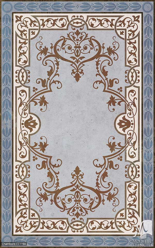 Blue Faux Rug Carpet Floor Makeover - Modello Custom Stencils