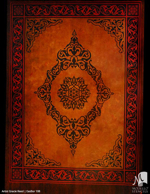 Painted DIY Floor Carpet Design with Colorful Medallion Floor Stencils