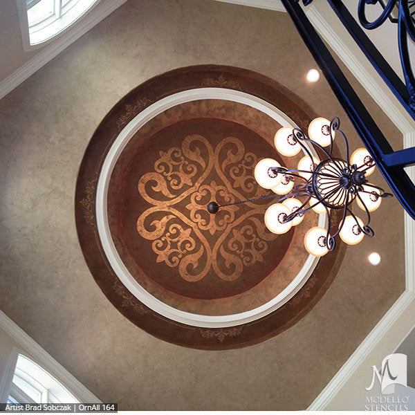 Elegant Grand Ceiling Design Painted with Large Designer Medallions Stencils - Modello Custom Stencils