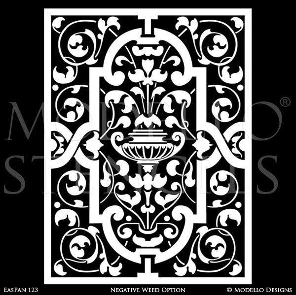 Asian Indian Moroccan Vines Designs Painted on Stenciled Walls, Stained Glass Doors and Windows - Modello Custom Cut Adhesive Panel Stencils