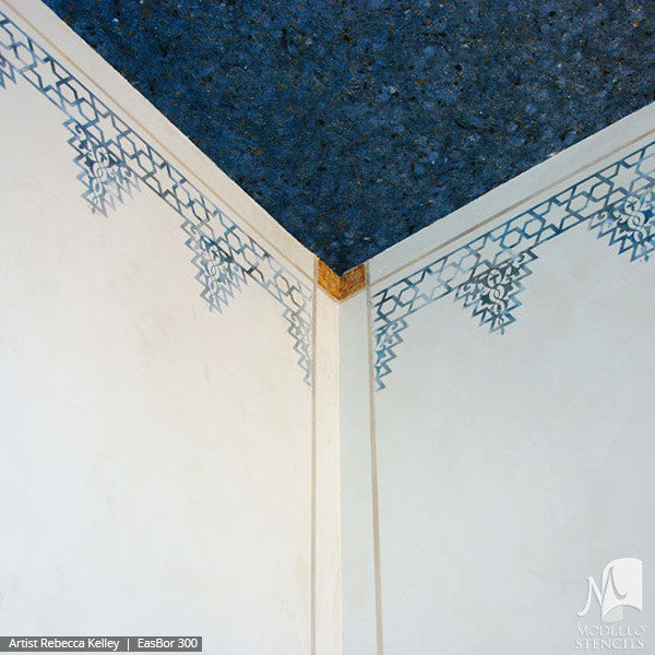 Geometric Pattern Painted on Glass Mirror Doors Windows - Professional Wall Painting Designs - Modello Custom Border Stencils