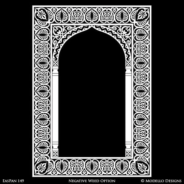 Moroccan Moorish Archway Doorway Design - Custom Painted Bohemian Wall Panel Patterns and Antique Mirror Glass - Modello Custom Stencils