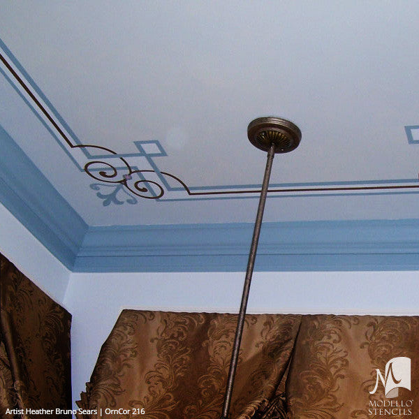 Elegant Grand Ceiling Design Painted with Corner Stencils - Modello Custom Stencils