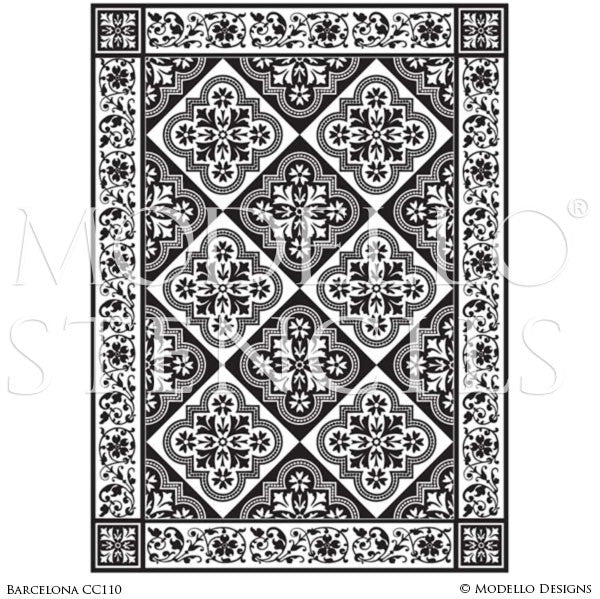 Classic European and Spanish Tile - Large Adhesive Patterns Stenciled on Faux Carpet Rug Floor or Ceiling - Custom Modello Stencils
