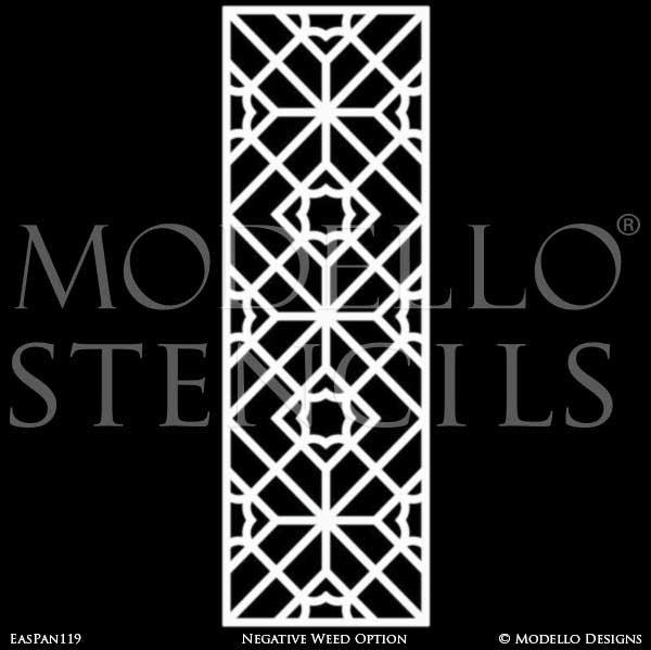 Geometric Pattern Painted on Glass Mirror Doors Windows - Professional Wall Painting Designs - Modello Custom Panel Stencils