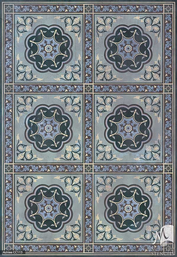 Blue Faux Rug Carpet Floor Makeover - Modello Custom Stencils