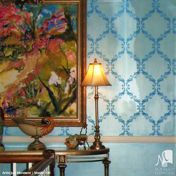 Blue Painted Walls with Custom Designed Wall Stencils - Modello Designs