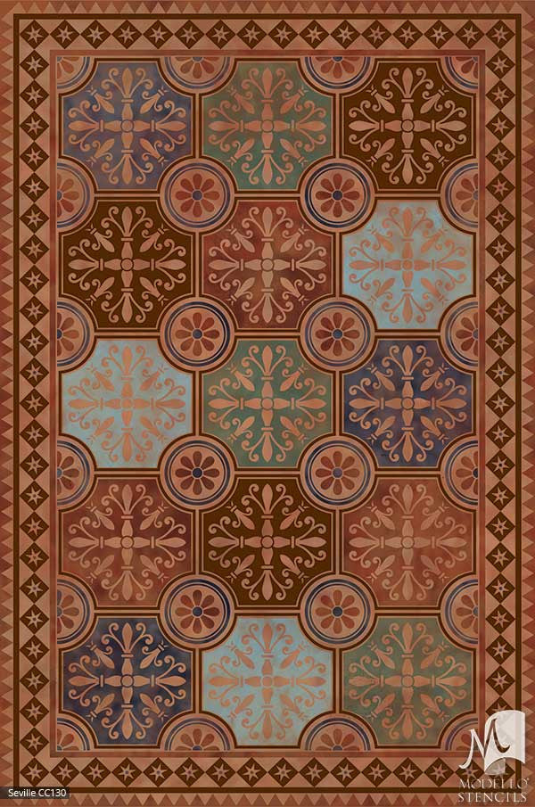 European Spanish Geometric Tile Patterns Painted on Floors and Ceilings - Modello Custom Carpet Panel Stencils