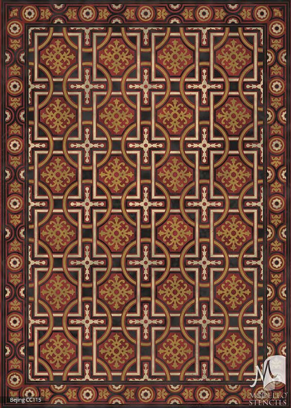 Colorful Painted Concrete Floor Stencils with Traditional Oriental Asian Designs - Modello Custom Stencils