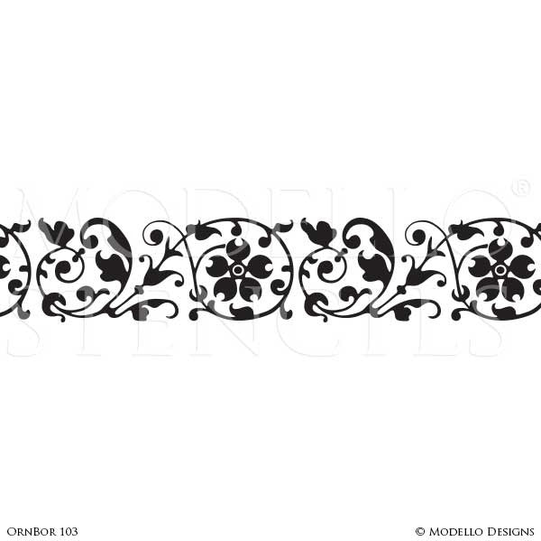 Floral Wall Art with Stenciled Border Designs - Modello Custom Vinyl Stencils