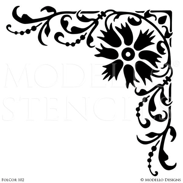 Leaves and Flowers Painted Corner Stencils for Colorful Murals - Modello Custom Stencils
