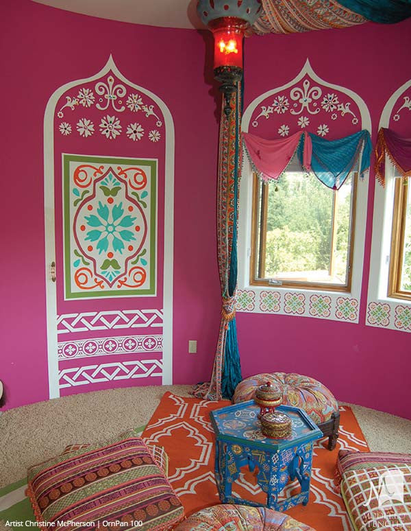 Large Flower Designs Painted on Custom Wall Designs - Modello Wall Panel Stencils