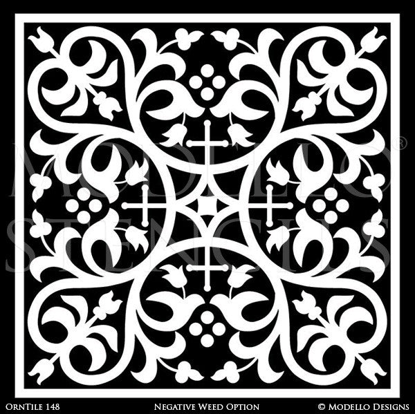 Ornate Square Tiles with Painted Pattern - Modello Custom Designer Stencils