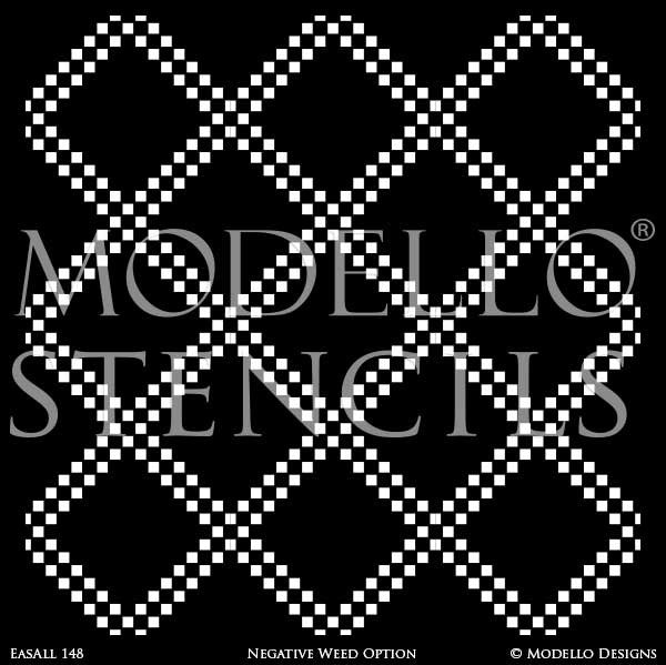 Modern or Tribal or Asian Decorating Idea using Large Geometric Pattern Wall Stencils - Modello Designs