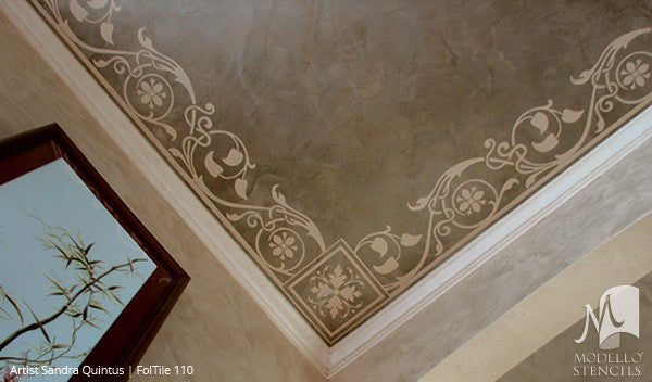 Nature Designs and Leaf Pattern Painted on Ceilings and Walls - Modello Custom Tile Stencils